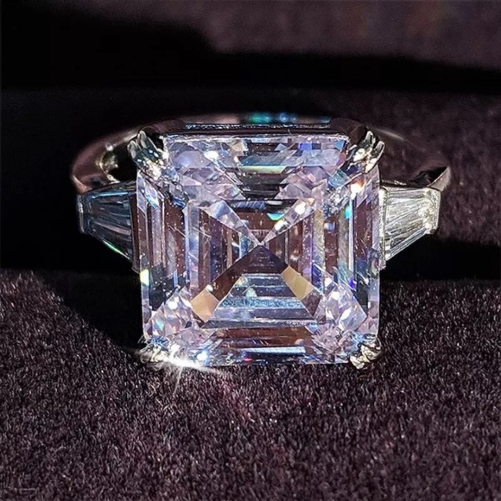 5.62-9.52Ct Three Stone Emerald Asscher White Sapphire Ring - Picture 8 of 15